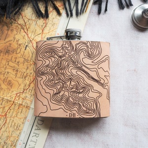 Custom Topographic Map Flask, Leather Hip Flask, Personalised Leather Whiskey Bottle topography gift hiking flask mountain climbing gift image 8