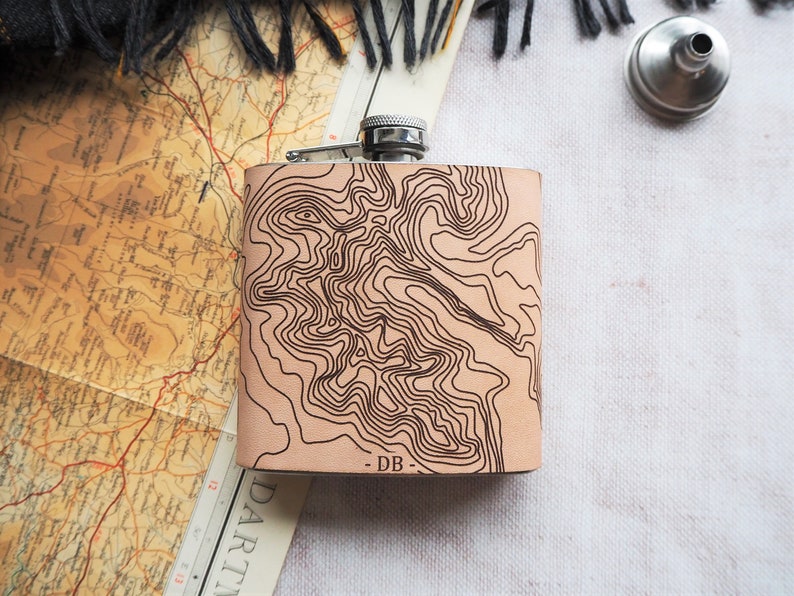 Custom Topographic Map Flask, Leather Hip Flask, Personalised Leather Whiskey Bottle topography gift hiking flask mountain climbing gift image 8