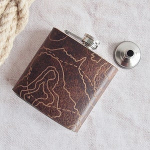 Three Peaks Leather Flask, Topography Hip Flask, Personalised Leather Whiskey Bottle topographic gift hiking flask mountain climbing gift image 1