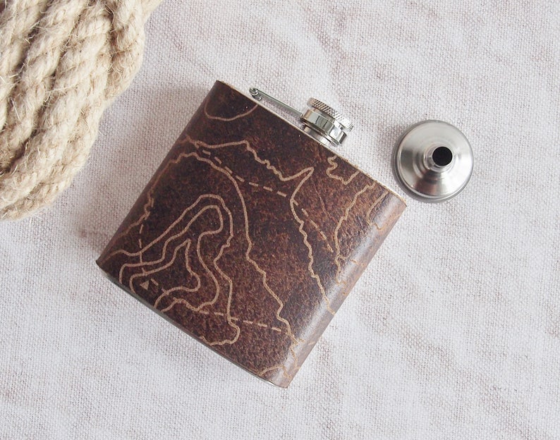 Three Peaks Leather Flask, Topography Hip Flask, Personalised Leather Whiskey Bottle topographic gift hiking flask mountain climbing gift image 1