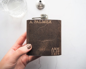 Personalised Wedding Leather Flask, groomsmen leather flask gift, engraved wedding hip flask custom wedding flask genuine leather hip flask