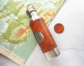 Topography Leather Water Bottle - Adventure Insulated Flask