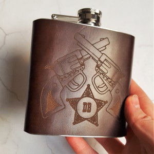 The Cowboys Flask Leather hip flask, Sheriff, Marshal, Engraved image 5