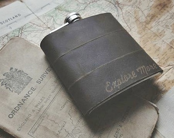 Engraved Hip Flask, custom leather flask, personalised wedding gift groomsmen hip flask travel companion camping hip flask fathers day gift