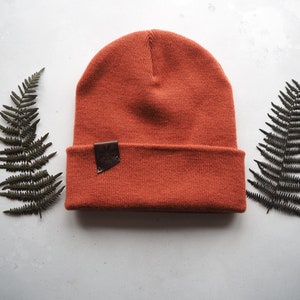 May include: A rust-colored beanie with a brown leather patch on the front. The beanie is on a white background with two fern leaves on either side.