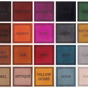 May include: A collection of square leather swatches in various colors, each with a contrasting border and embossed text. Colors include dark brown, bordeaux, magenta, black, green, orange, pink, grey, metallic gold, tan, red, blue, silver, camel, antique, yellow ochre, denim, and pearl.