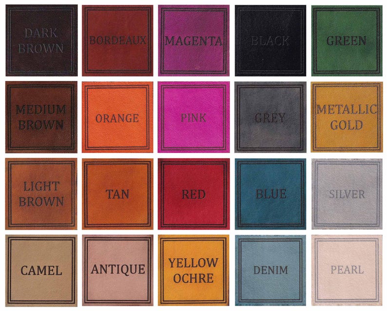 May include: A collection of square leather swatches in various colors, each with a contrasting border and embossed text. Colors include dark brown, bordeaux, magenta, black, green, orange, pink, grey, metallic gold, tan, red, blue, silver, camel, antique, yellow ochre, denim, and pearl.