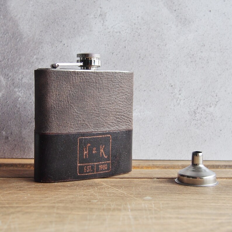 Monogrammed Wedding Hip Flask, personalised wedding flask customised groomsmen flask for men Genuine Leather anniversary gift for the bride image 2