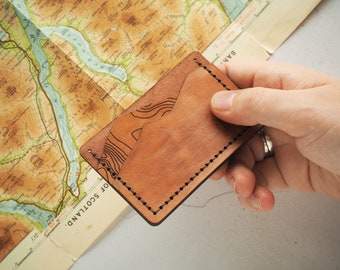 Custom Map Card Holder, Personalised leather card holder, hand stitched wallet, fathers day gift, mountain man wallet boyfriend card holder
