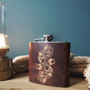 Oak Leaf Leather Flask with Monogram