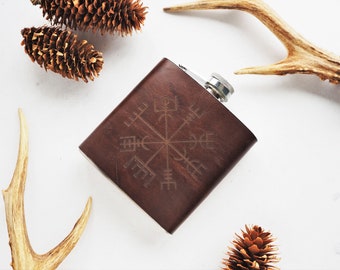 Vegvisir Leather flask, personalised rune hip flask, Icelandic Stave hip flask, Hand Engraved, personalised viking rune custom wedding gift