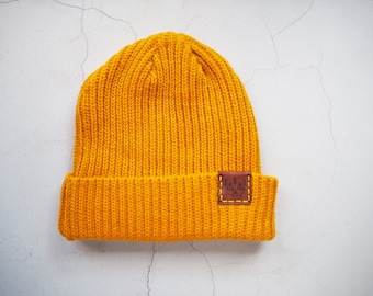 Outdoorsy Trawler Hat, leather patch woolly hat camping patch mustard yellow hat reversible patch