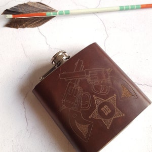 The Cowboys Flask Leather hip flask, Sheriff, Marshal, Engraved image 4