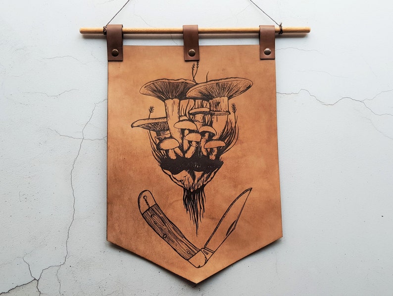 Leather Wall Hanging Mushroom Ilration Forager Decor Pennant Art Outdoorsy Artwork Foraging Gift