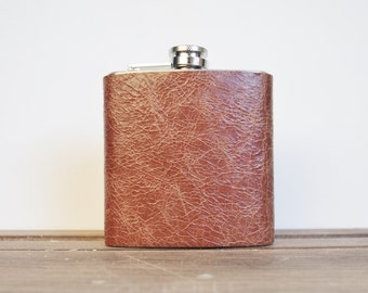 Personalised Leather Flask - Tan Hip flask, full leather piece, Hand Engraved, Best Man, cowboy leather