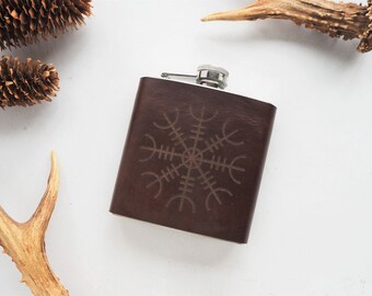 Ægishjálmur Leather Hip Flask, Icelandic Stave Design