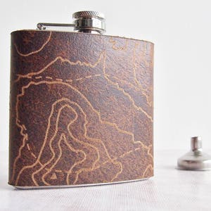 Three Peaks Leather Flask, Topography Hip Flask, Personalised Leather Whiskey Bottle topographic gift hiking flask mountain climbing gift image 4