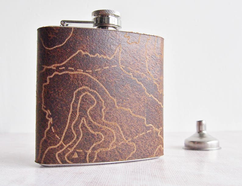 Three Peaks Leather Flask, Topography Hip Flask, Personalised Leather Whiskey Bottle topographic gift hiking flask mountain climbing gift image 4