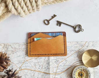 Mountain Card Wallet, porte-carte en cuir personnalisé, portefeuille cousu main, cadeau de fête des pères, porte-carte petit ami d’alpinisme