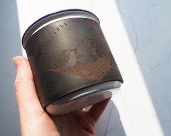 Leather Sleeve Mountain Design Enamel Mug, The Mountains Are Calling Mug, enamel hiking cup, leather anniversary gift