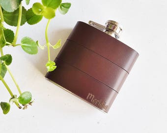 Personalised Leather Flask - Dark Brown Hip flask, Recycled Leather Strips, Hand Engraved, Best Man, cowboy leather