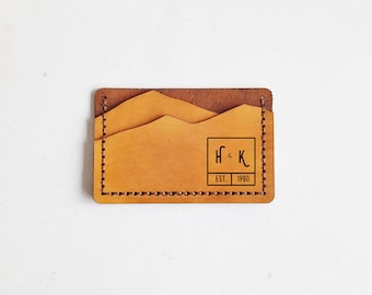 Monogram Mountain Wallet, Personalised leather card holder, hand stitched wallet, camping gift, mountain man wallet boyfriend card holder