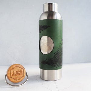 Personalised Fern Leaf Water Bottle, Leather Adventure Flask, Insulated Steel Flask, Genuine Leather Hiking Gift, Custom Birthday Gift
