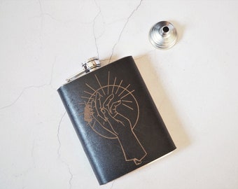 Oracle Leather Hip Flask, Original artwork, hand and moth illustration, black leather, Birthdays, Weddings, Christmas Gift