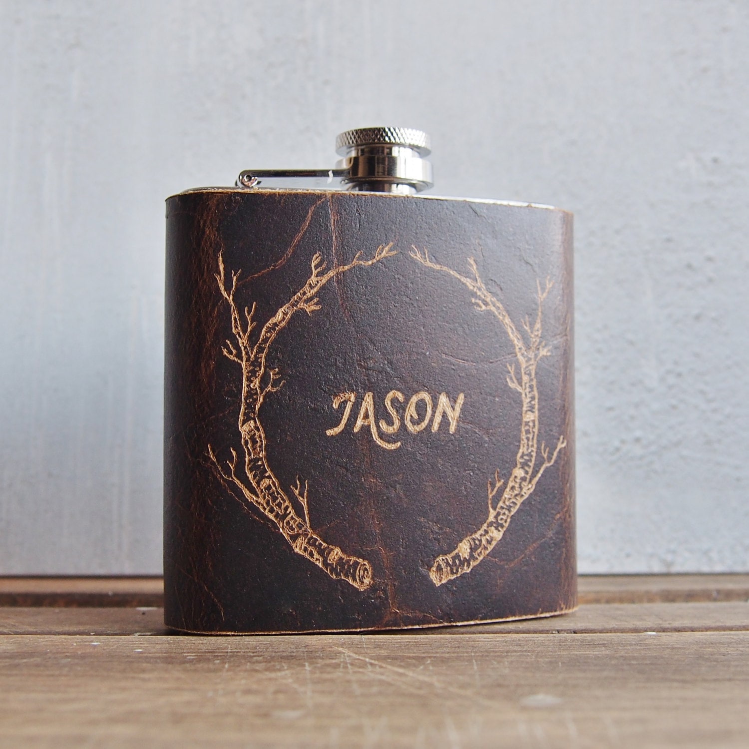 Birch Branch Hip Flask, Cuir Marron Chêne, Flacon en d'arbre Personnalisé, Maroquinerie Véritable, A