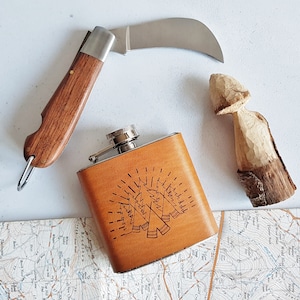 Flasque de camping, cadeau de randonnée flasque en plein air, cadeau petit ami personnalisé, flasque en cuir personnalisée scout, cadeau personnel pour la fête des pères, cadeau de fête des pères