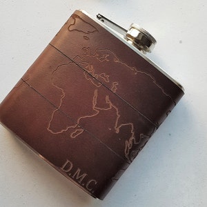 Personalised Travel Hip Flask, atlas custom destination map flask gift travel memento gift for him custom leather flask atlas gift world map image 1