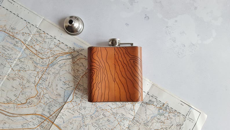 Custom Topographic Map Flask, Leather Hip Flask, Personalised Leather Whiskey Bottle topography gift hiking flask mountain climbing gift image 3