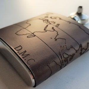 Personalised Travel Hip Flask, atlas custom destination map flask gift travel memento gift for him custom leather flask atlas gift world map image 2