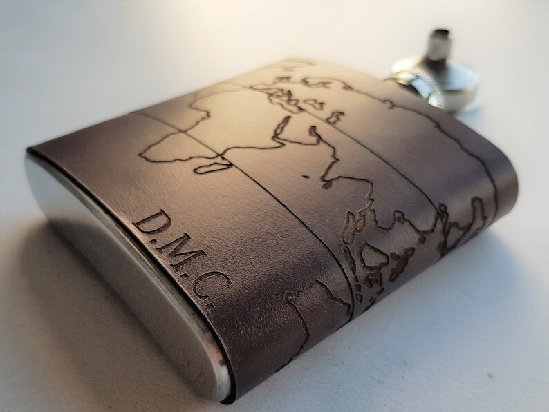 Personalised Travel Hip Flask, atlas custom destination map flask gift travel memento gift for him custom leather flask atlas gift world map image 2