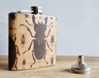 Entomologist Leather Flask, beetle hip flask leather entomology gift insect hip flask nature study illustration bugs gift creepy crawlies