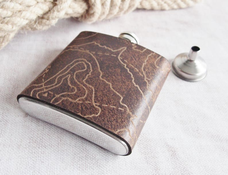 Three Peaks Leather Flask, Topography Hip Flask, Personalised Leather Whiskey Bottle topographic gift hiking flask mountain climbing gift image 2