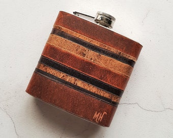 Initialled Leather Flask, Personalized leather Flask, rustic leather strips, distressed hip flask, wedding hip flasks multiple leather flask