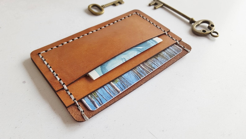 Custom Leather Card Holder, personalised wallet contrast stitch custom card holder dyed leather hand stitched boyfriend gift leather wallet image 2