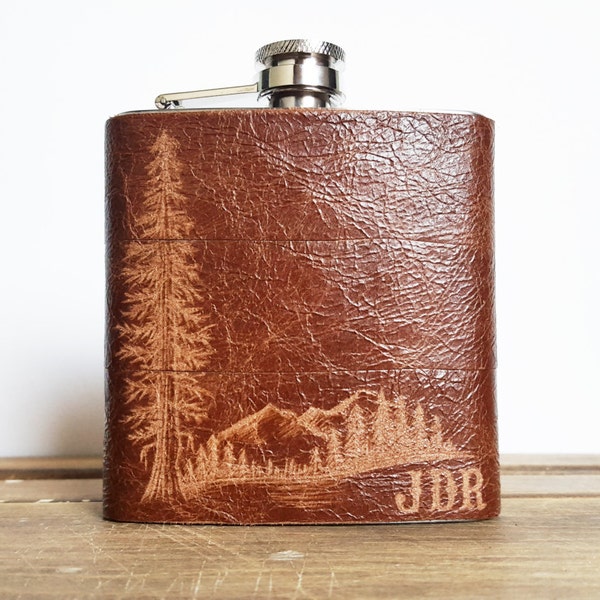 Mountain Man Leather Flask, Personalized initials, Red Wood Tree, brown leather, wedding hip flasks, outdoors gift