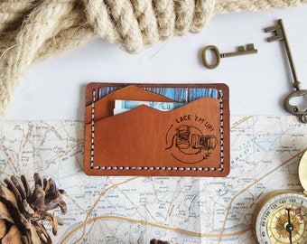 Personalised leather card holder, hand stitched wallet, camping gift, mountain man wallet boyfriend card holder