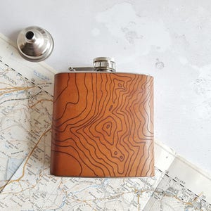 Custom Topographic Map Flask, Leather Hip Flask, Personalised Leather Whiskey Bottle topography gift hiking flask mountain climbing gift image 1