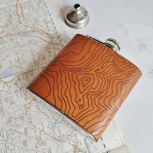 Custom Topographic Map Flask, Leather Hip Flask, Personalised Leather Whiskey Bottle topography gift hiking flask mountain climbing gift image 2