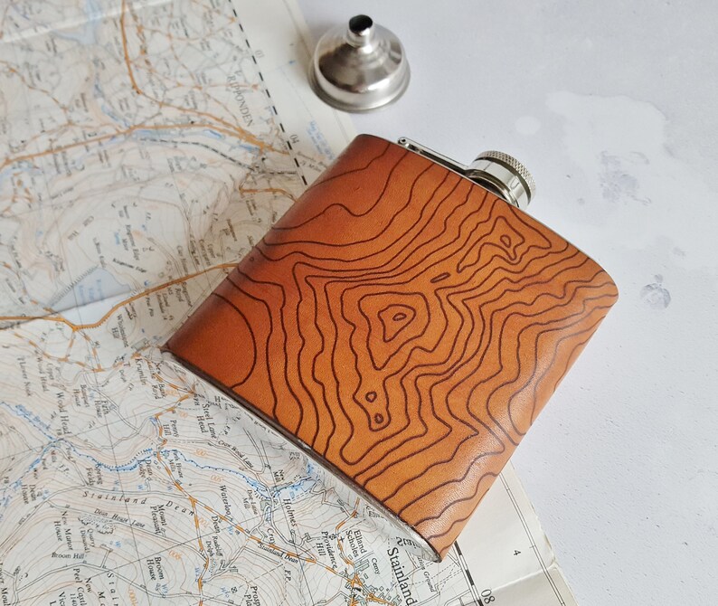 Custom Topographic Map Flask, Leather Hip Flask, Personalised Leather Whiskey Bottle topography gift hiking flask mountain climbing gift image 2