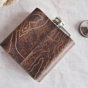 Three Peaks Leather Flask, Topography Hip Flask, Personalised Leather Whiskey Bottle topographic gift hiking flask mountain climbing gift image 3