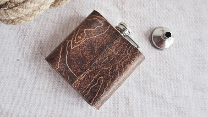 Three Peaks Leather Flask, Topography Hip Flask, Personalised Leather Whiskey Bottle topographic gift hiking flask mountain climbing gift image 3