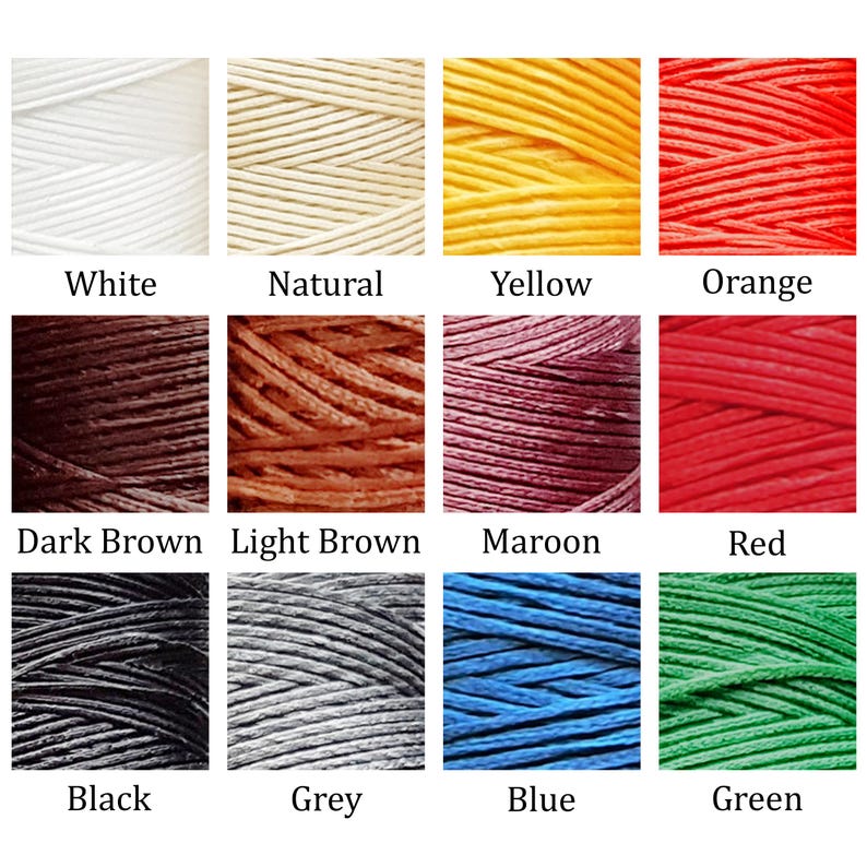 May include: A collection of spools of waxed cotton cord in various colors. Colors include white, natural, yellow, orange, dark brown, light brown, maroon, red, black, grey, blue, and green. Each spool is labeled with its color name.