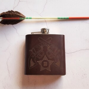 The Cowboys Flask Leather hip flask, Sheriff, Marshal, Engraved image 3