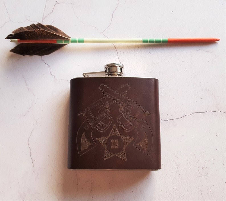 The Cowboys Flask Leather hip flask, Sheriff, Marshal, Engraved image 3