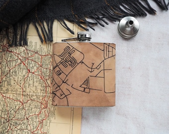 Custom Road Map Flask, Leather Hip Flask, Personalised Leather Whiskey Bottle  map gift