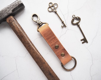 Genuine leather key fob, personalised tan leather, swivel clip and hoop